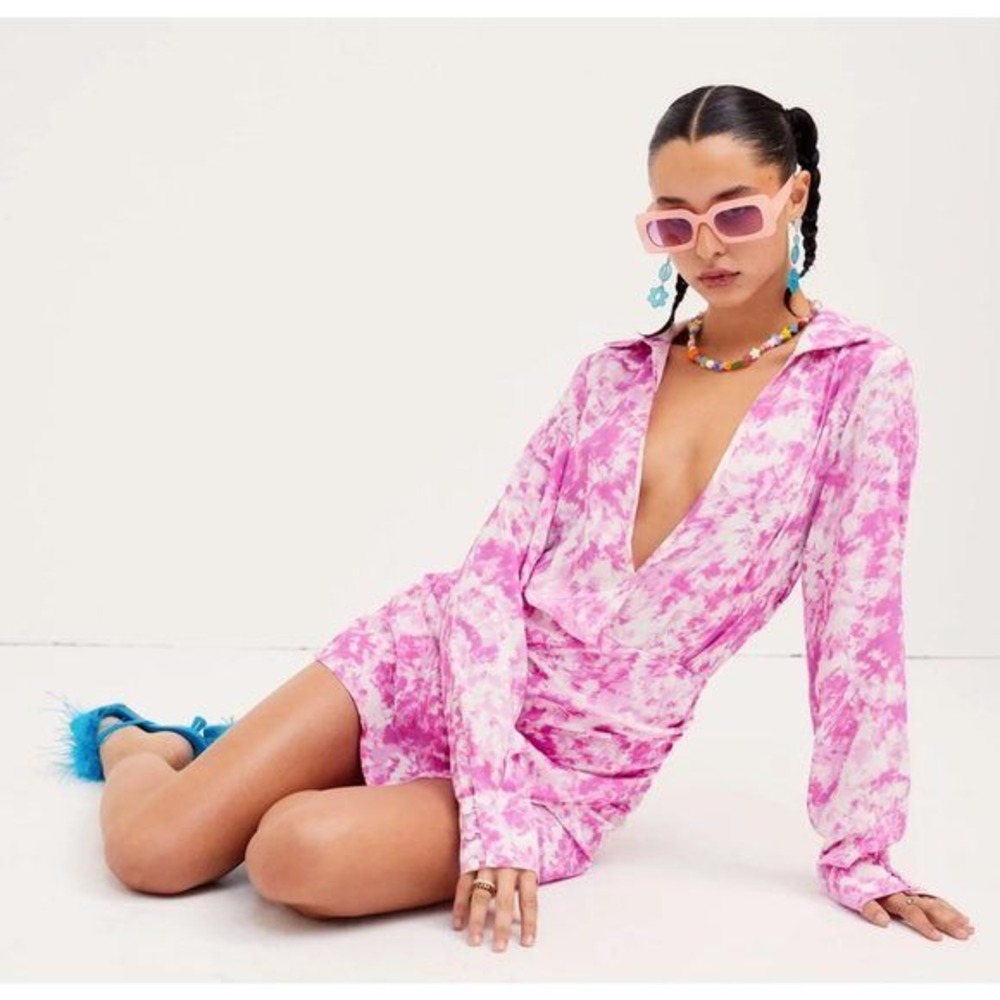 For Love & Lemons Devon Shirt Pink & White Mini Dress Size Med